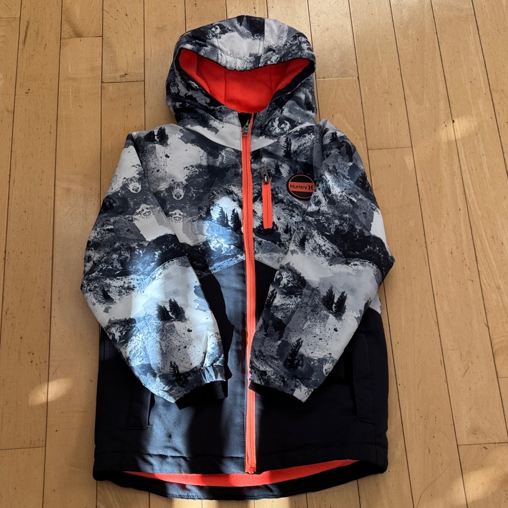 Hurley Kids' Black and White winter Jacket with orange Accents size small 7/8